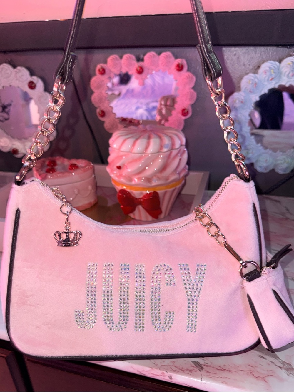 Juicy Couture Light Pink Rhinestone Logo Shoulder Bag with Crown Charm Zipper
